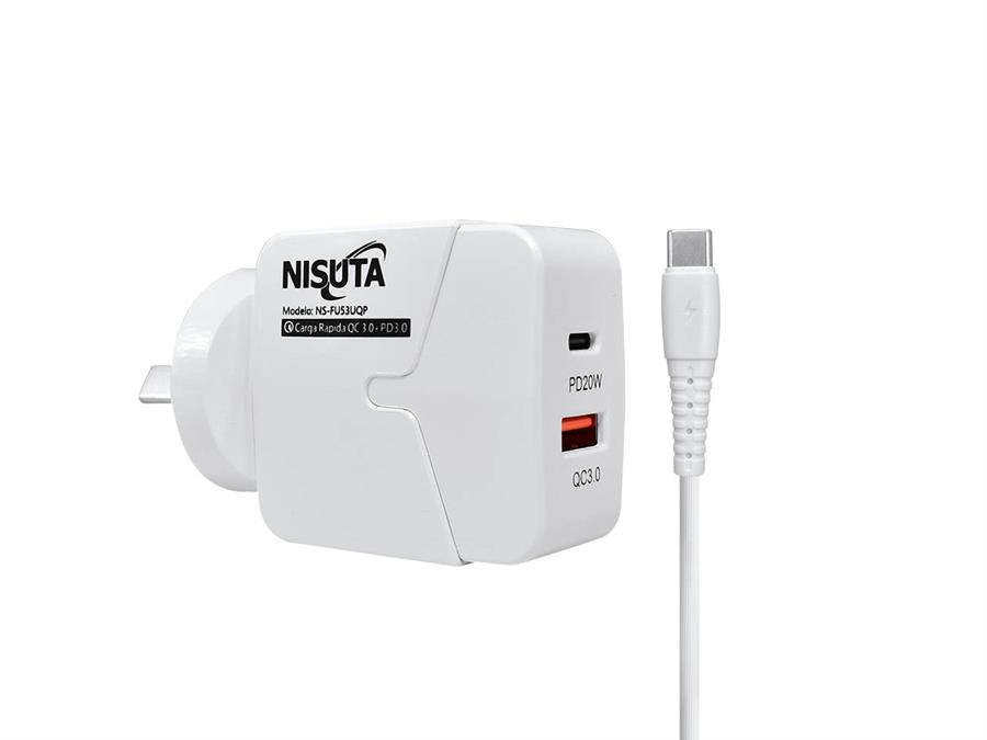 NISUTA FUENTE DE ALIMENTACION 1 PUERTO USB Y 1 PUERTO USB C C/ CABLE LIGHTNING NSFU53UQPI