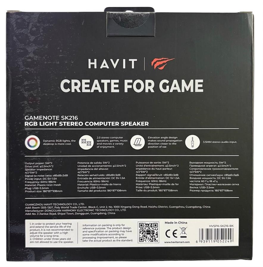 HAVIT PARLANTE STEREO COMPUTER RGB LIGHTS SK216-BK NEGRO
